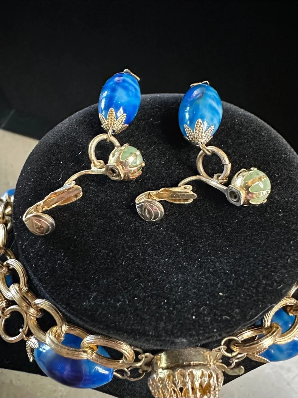 Vintage Hong Kong Multi Strand Blue Marbled Bead Necklace & Earring Set